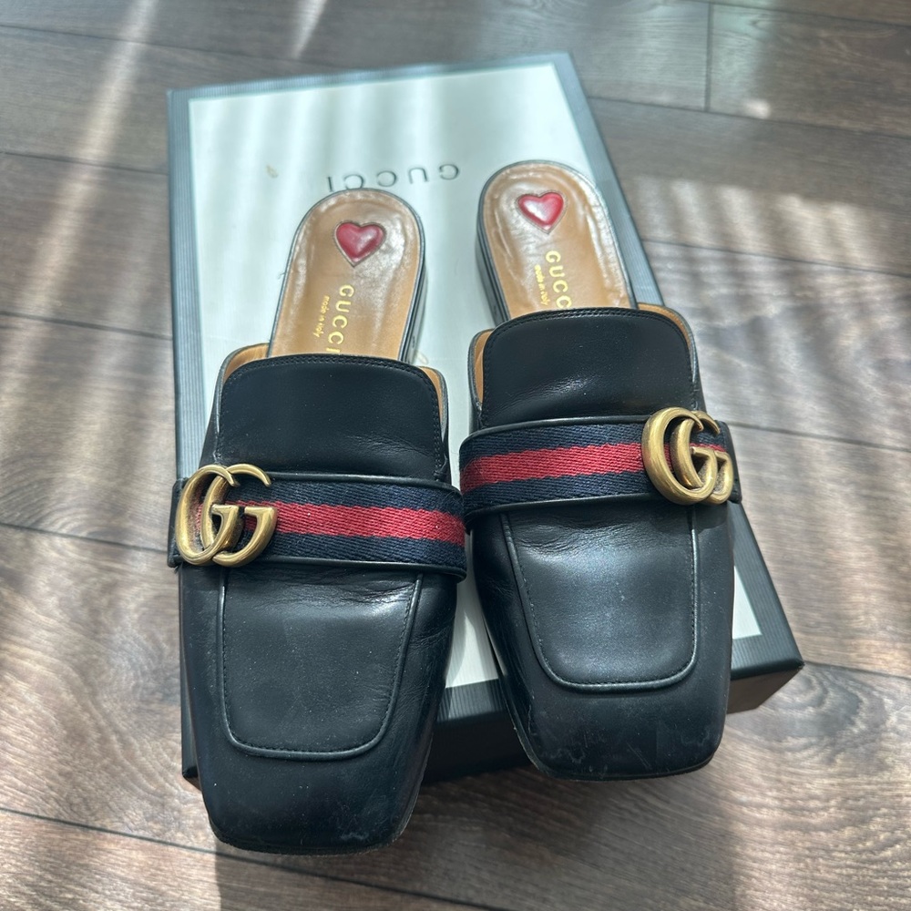 Gucci Black Leather Mules with Red and Gold Accents
